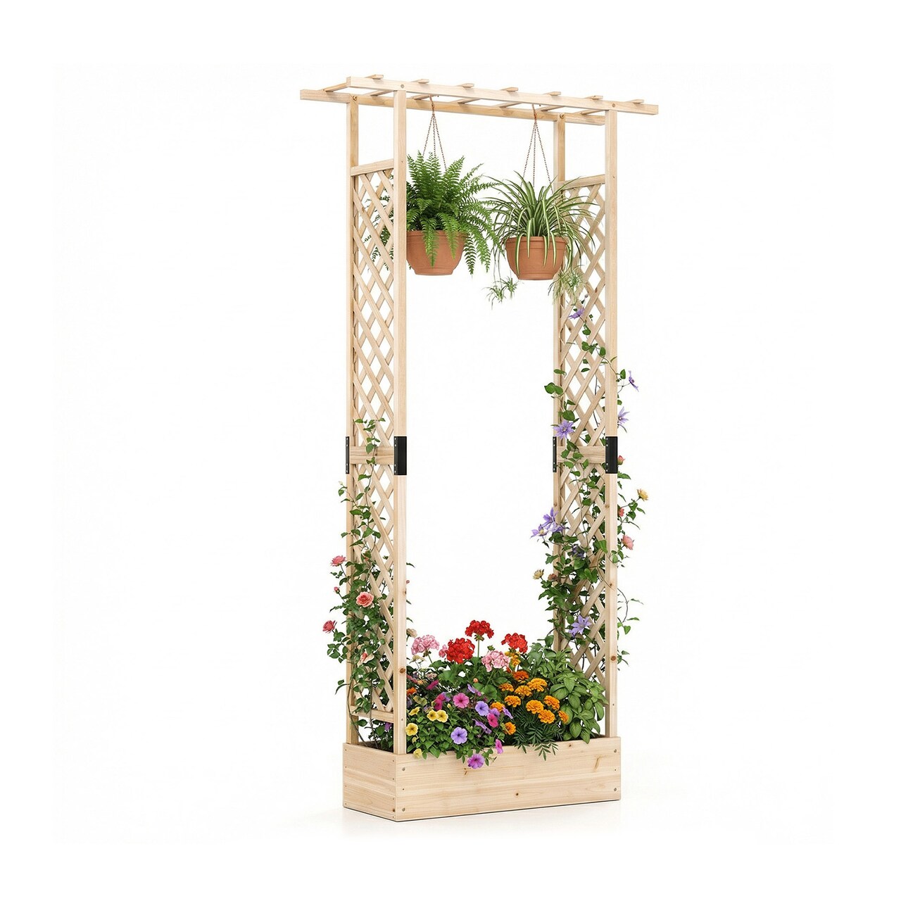 89" Elevated Wooden Garden Planter with Trellis, Hanging Canopy, and Drainage